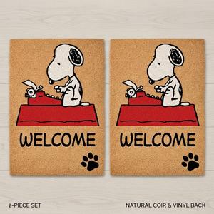Welcome Snoopy Coir Doormat 2-Piece Set – Non-Slip Rubber Backing Front Door Mats, Weather Resistant Outdoor & Indoor Entrance Rug Set with Paw Print Accent, 20x34