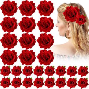 Waydress 30 Packs 2.8 Inch 4 Inch Flower Hair Clip Rose Hair Accessories Floral Hairpin Brooch Flowers Pin Brooch for Bridal Headpiece Accessories Wedding (Red)