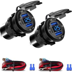 Upgraded 4 Port 12V USB Outlet, 78W Dual PD & QC Aluminum Alloy USB Ports with LED Voltmeter Waterproof for Cars, Cigarette Lighter Replacement 12V Socket for Boats RV Trucks and Motorcycles