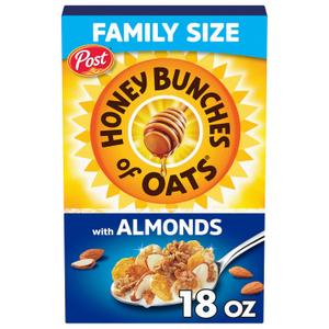 Honey Bunches of Oats with Almonds Breakfast Cereal, Almond Cereal with Oats and Granola Clusters, Family Size 18 oz Box (EXP 05/23/27)