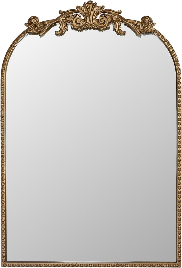 20″ x 30″ Wall Mount Baroque Arched Mirror, Antique Gold Metal Frame Real Glass Vintage Mirror with Decorative Crest for Bathroom Vanity, Entryway, Mantel