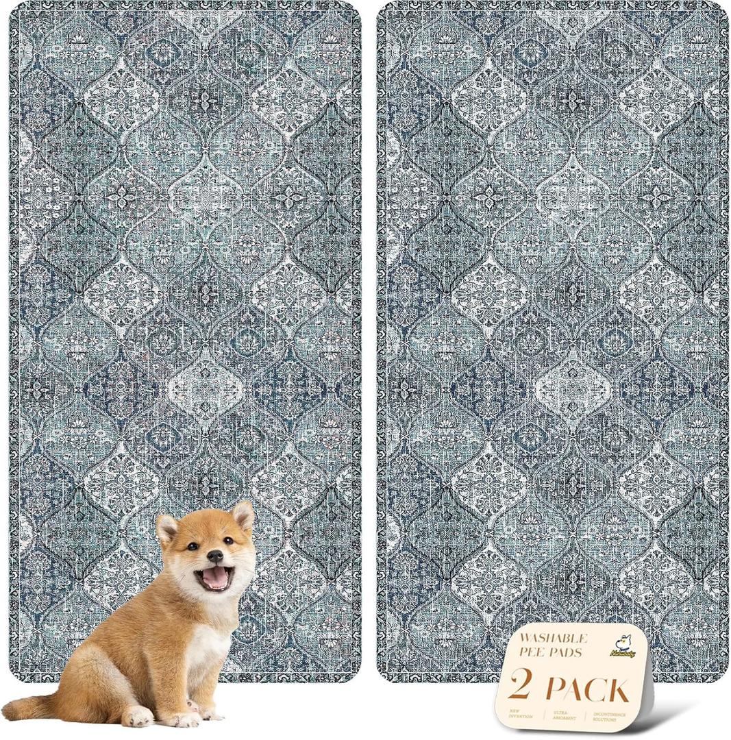 nunubaby Washable Pee Pads for Dogs, Stylish, Non-Slip and Leak-Proof Pee Pads. Reusable Potty Pads for Dogs for Crates and Floors.(Blue/Multi, 24x48 Inch (Pack of 2) )