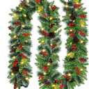 9ft Christmas Garland with Snow, Pinecones, Red Berry,50 Battery Operated Soft White LED Lights with Timer, Artificial Holiday Decoration Door Outdoor