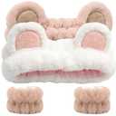 3 x Bear Ears Headband, Cute Spa Headband and Wristband Set Washing Face Skincare Makeup Headbands for Women Girls Trendy Stuff Present Soft Coral Fleece Hair Accessories(Khaki + White)