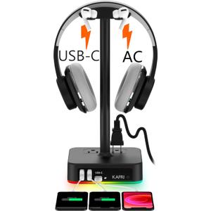 KAFRI RGB Headphone Stand with USB A&C Charger Desk Gaming Headset Holder Hanger Rack with 3 USB Charging Port and 2 Outlet - Suitable for Gamer Desktop Table Game Earphone Accessories Boyfriend Gifts