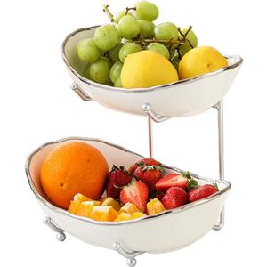 2 Tier Ceramic Fruit Bowl for Kitchen Counter, Tiered Fruit Basket for Countertop, Modern Multi Layer Fruit Display Stand for Party, Cute & Smal (Silver-rimmed)