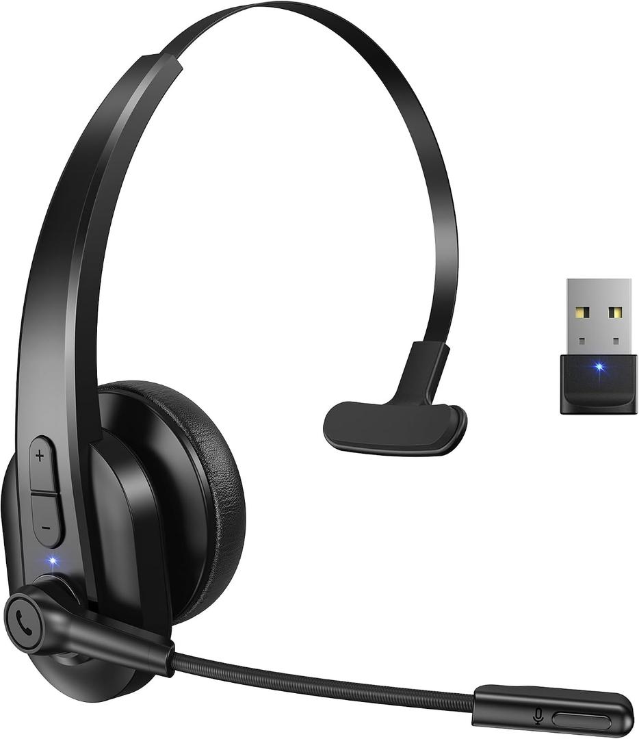 Sarevile Bluetooth Headset with USB Dongle for Computer, Single-Ear Wireless Headset with Noise Cancelling Microphone for Office & Truckers, Bluetooth V5.2 with Mute Button for Work