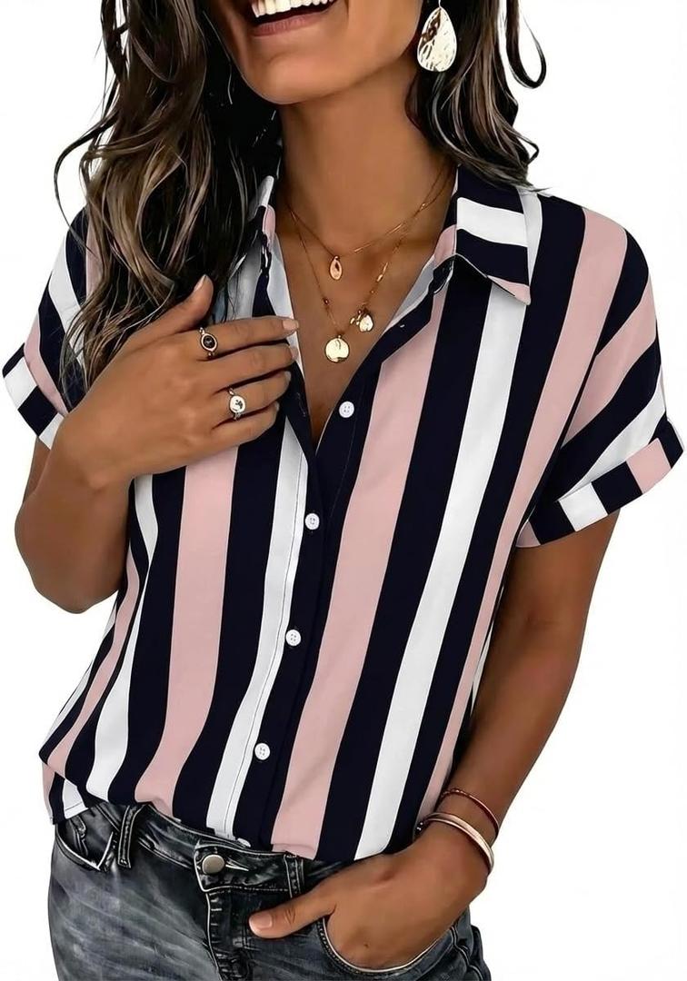 Zeagoo Womens Tops Short Sleeve Shirts Button Down Casual Blouses V Neck Outfits Summer Spring Clothes 2026 (Medium, Stripe3)