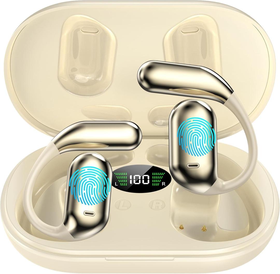 Real-Time AI Translation Earbuds, Open-Ear Audifonos Traductores Ingls Espaol Two-Way Translator Headphones, Bluetooth Wireless Earhooks for Business, Travel, Learning, Meetings (Oatmeal Beige)