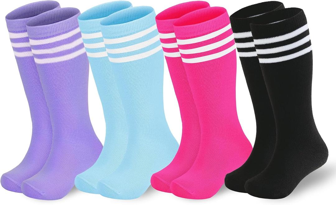 American Trends 4 Pairs Toddler Soccer Socks Kids Youth Baseball Sock Boys Girls knee High Striped Socks Cotton Tube Sock (M)