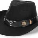 Women & Men Felt Western Cowboy Hat Classic Roll Up Brim Belt Buckle Cowgirl Fedora (M) (Black)