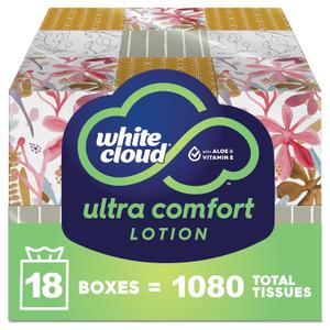White Cloud Ultra Comfort Lotion 3-Ply Facial Tissue with Aloe & Vitamin E, 18 Box Multipack, 60 Tissues Per Box (1,080 Counts)