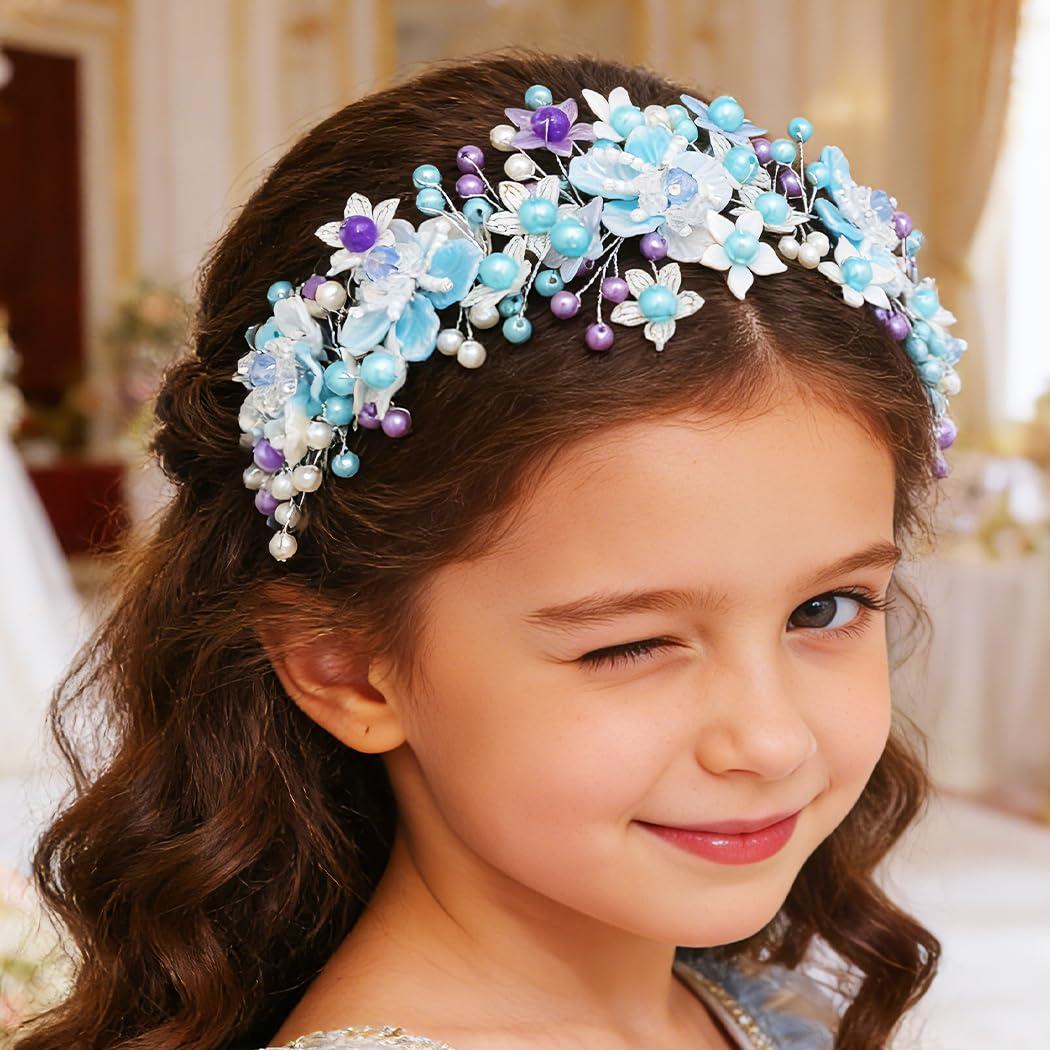 Campsis Blue Flower Girls Headpiece Floral Princess Hair Bands Crystal Hair Accessories for Women and Girls