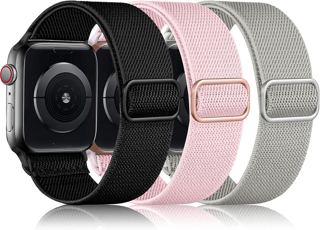 DaQin 3 Pack Stretchy Solo Loop Compatible with Apple Watch Band 38mm/40mm/41mm/42mm, Adjustable Braided Sport Elastic Nylon Strap for iWatch Series 10 Women Men  Black/Pink Sand/Gray)