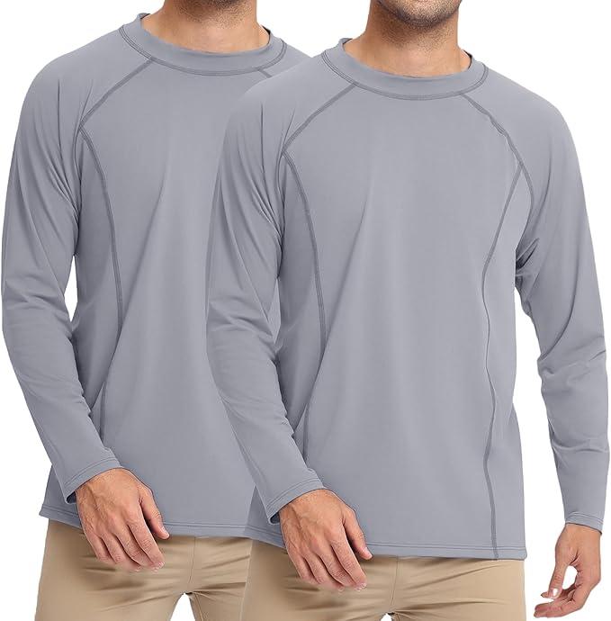 Bombrooster 2 Pack UPF 50+ Mens Swim Shirt Long Sleeve Rash Guard – Moisture Wicking, Cooling Nylon for Sun Protection & Outdoor Activities Light Gray, Size: Small
