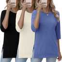 Huukeay 3 Pack 3/4 Length Sleeve Women's Tops Side Slit Tunic Loose Fit Round Neck Tee Shirt Ladies Casual Basic Fall Clothes (X-Large, Black, Cream, Blue)