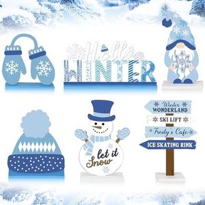 Barydat 6 Pcs Winter Wooden Table Decorations Snowman Snowflake Wooden Centerpieces for Party Black White Blue Tabletop Block Signs Winter Tiered Tray Decor for Home Office Kitchen(Snowman)