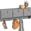 SoBuy Wall Shelf with Hooks, Coat Rack Wall Mount with Shelf Entrywall Storage Cabinet Unit with 3 Baskets 5 Hooks, Grey, FRG282-HG