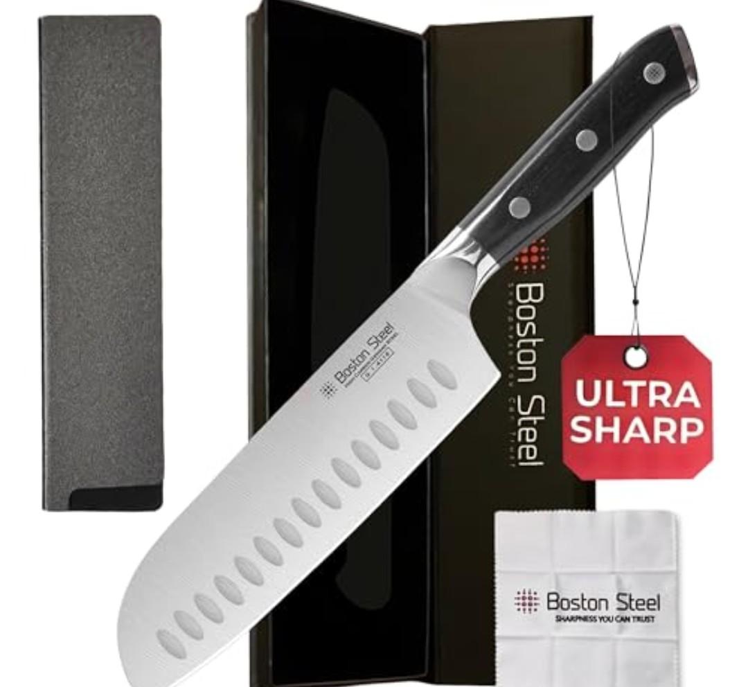 Boston Steel Santoku Knife 7 Inch – Ultra Sharp High Carbon Stainless Steel Kitchen Knife, Professional 7” Santoku Knife with Ergonomic Handle for Home & Restaurant, Culinary Cooking Knife