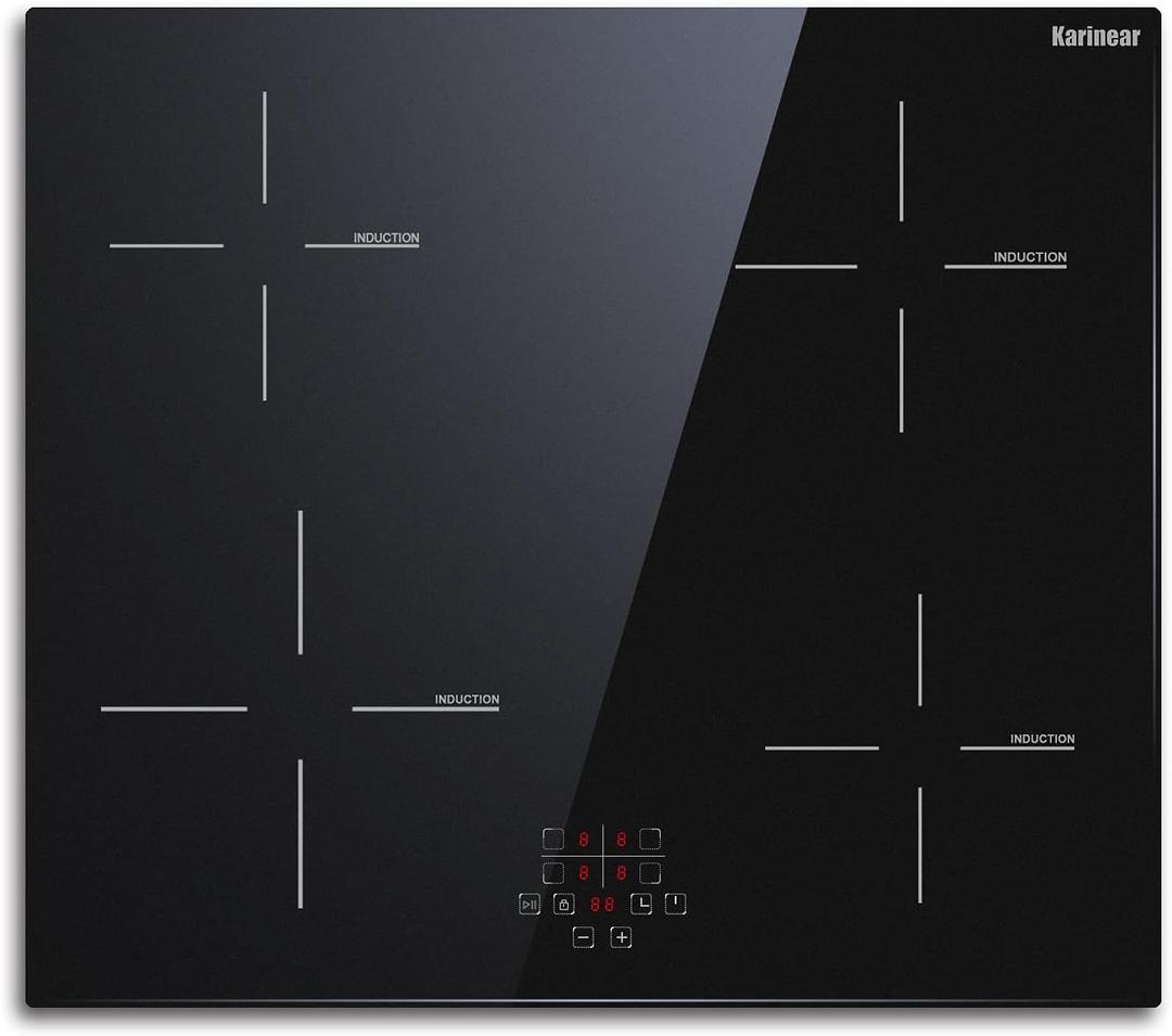 Karinear 24 Inch Induction Cooktop 4 Burner Electric Cooktop, Drop-in Induction Burner with Timer and Child Lock, Pause Function, Vitro Ceramic Glass, 220-240V, 6400W, Hard Wired(No Plug)