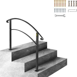 Happybuy Handrails for Outdoor Steps, Fit 1 or 3 Steps Outdoor Stair Railing, Black Wrought Iron Handrail, Flexible Front Porch Hand Rail, Transitional Handrails for Concrete Steps or Wooden Stairs