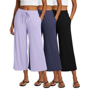Real Essentials 3 Pack: Women's Ultra-Soft Wide Leg Loose Capri Open Bottom Pants - Yoga Lounge Pockets (Large)