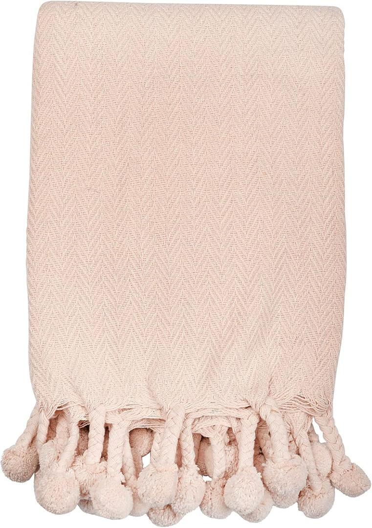 Main + Mesa Woven Cotton Pom Pom Throw (60" x 50", Blush)