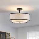 Farmhouse Close to Ceiling Light, 3-Light Flush Mount Ceiling Light Fixture with 2-Layer Fabric Shade, Modern Drum Ceiling Lamp for Hallway Bedroom Living Room (Black), D 15.74" x H 11.8"; Ceiling Canopy: 4.72" Diameter