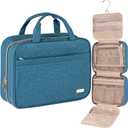 NISHEL Travel Toiletry Bag for women, Portable Hanging Organizer for Full-Sized Shampoo, Conditioner, Brushes Set, Makeup Accessories, Large Size, Lake-Blue