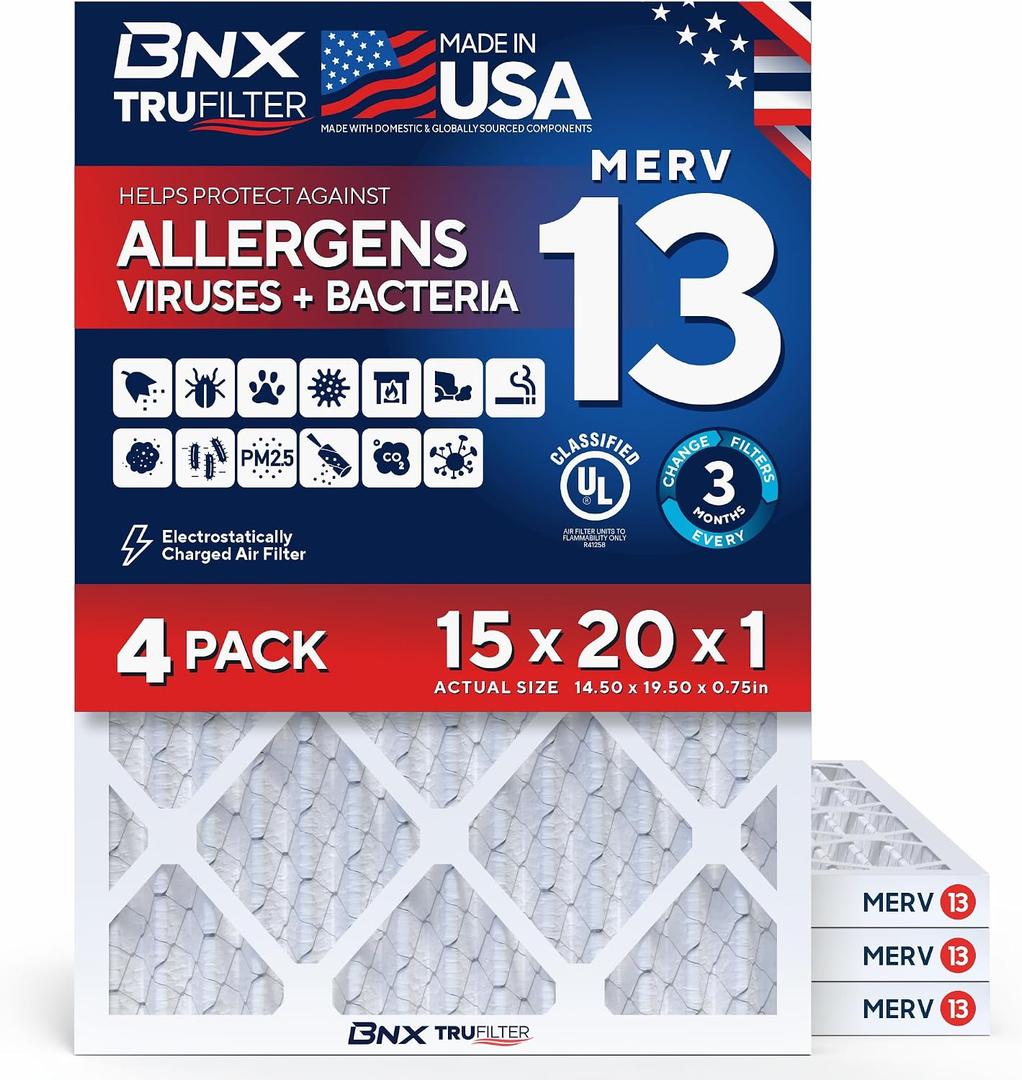 BNX TruFilter 15x20x1 Air Filter MERV 13 (4-Pack) - MADE IN USA - Electrostatic Pleated Air Conditioner HVAC AC Furnace Filters for Allergies, Pollen, Mold, Bacteria, Smoke, Allergen, MPR 1900 FPR 10