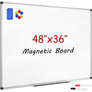 SunyesYoon Magnetic Dry Erase Whiteboard 48 x 36 Inch - 4 x 3 Large White Board, Silver Aluminum Frame Wall-Mounted, Magnetic Eraser, 2 Pen, Detachable Marker Tray, 6 Magnets for Office, School