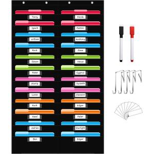 REGELETO 24 Pockets File Storage Pocket Chart with 24 Nametag Pockets, Hanging Wall File Organizer for Classroom and Office, Organize Your Assignments, Files, Scrapbooks, Paper (Black-24 pockets)
