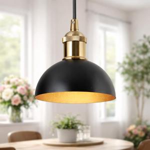 KSANA Black Gold Pendant Light, Modern Single Dome Hanging Fixture with Brass Accents for Kitchen Island, Dining Room, Bedroom, or Foyer