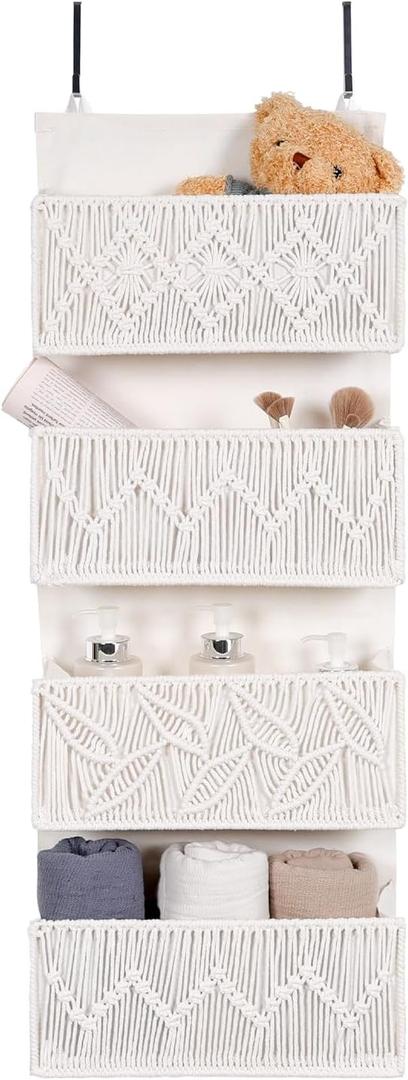 Macrame Over the Door Organizer Boho Decor Nursery Storage, Leaf Weaving Closet Organizers and Storagewith 4 Hanging Pockets, Behind Door for Bathroom, Bedroom (Beige)