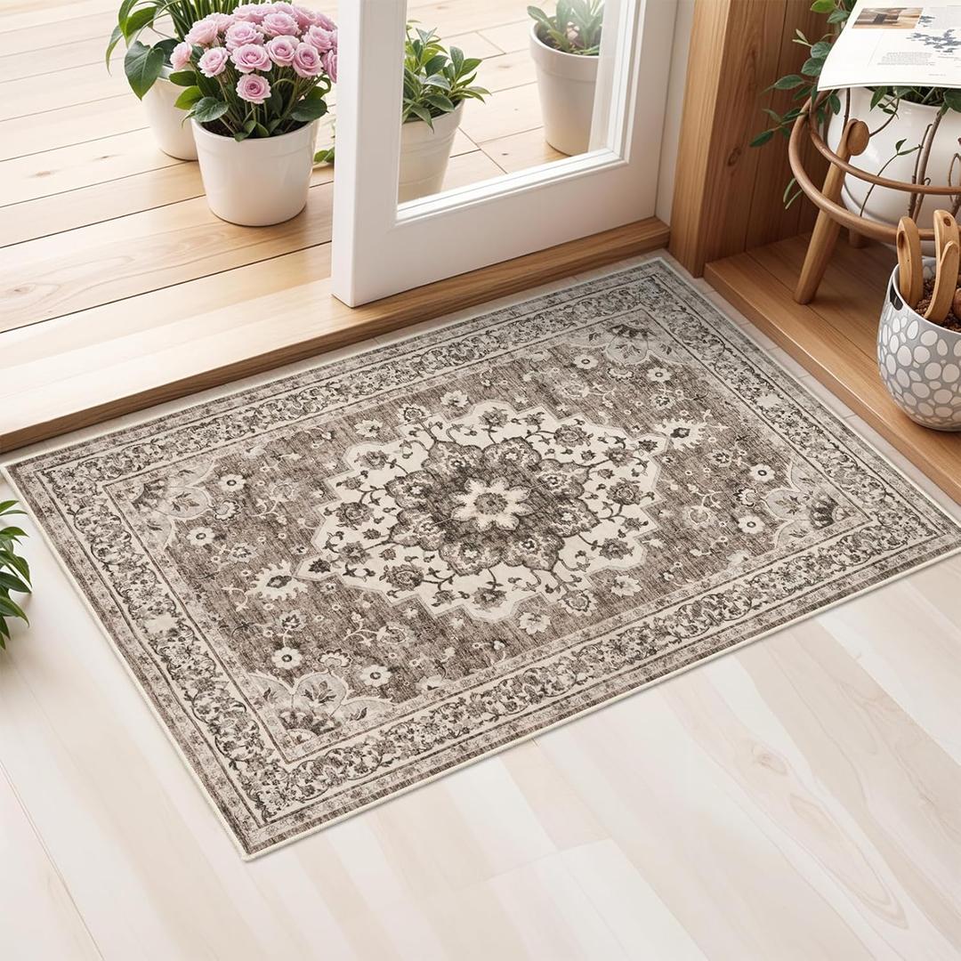 Washable Oriental Area Rug - 2x3 Rugs for Living Room Soft Carpet for Bedroom Waterproof Floral Distressed Indoor Stain Resistant Non-Shedding Floor Carpets (Beige, 2x3)