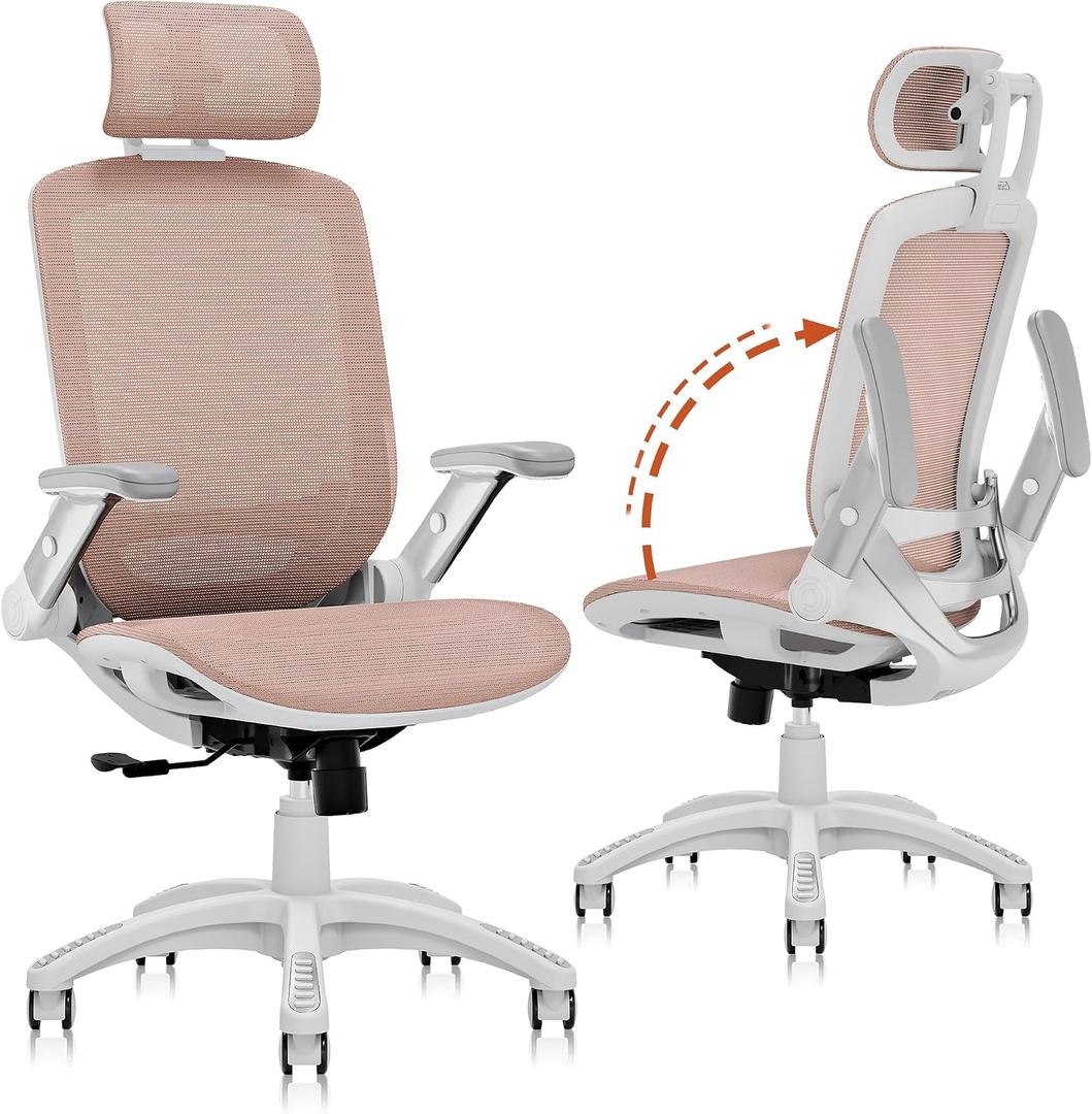 GABRYLLY Ergonomic Office Chair, High Back Home Desk Chair with Headrest, Flip-Up Arms, 90-120 Tilt Lock and Wide Cushion, 300LBS Mesh Chairs for Man Woman, White Task Chair(Pink,GY01WPK)