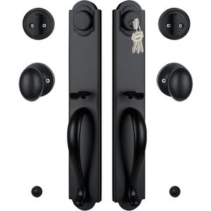 Double Door Handle Set for Front Door, Matte Black Keyed&Dummy Exterior Door Lockset with Deadbolt, Reversible for Right&Left Handed
