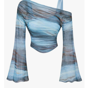 Women's Y2K 2 in 1 Off Shoulder Tops Tie Dye Floral Sheer Mesh Ruched Bell Sleeve Crop Tank Top Asymmetrical T Shirts Small