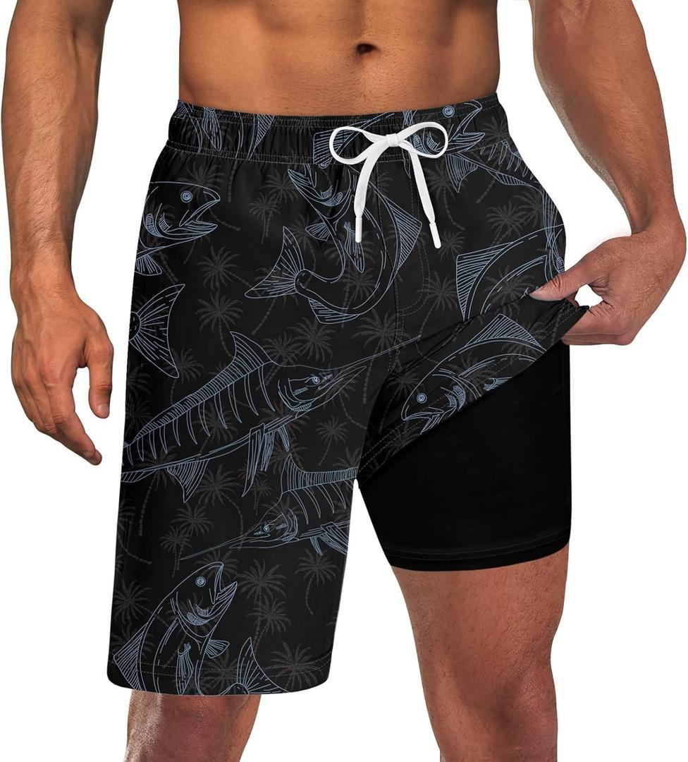 Goodstoworld Mens Swim Trunks with Compression Liner 9'' Inseam Quick Dry Swimsuit Shorts M-3XL (XX-Large, Hawaiian Fish)