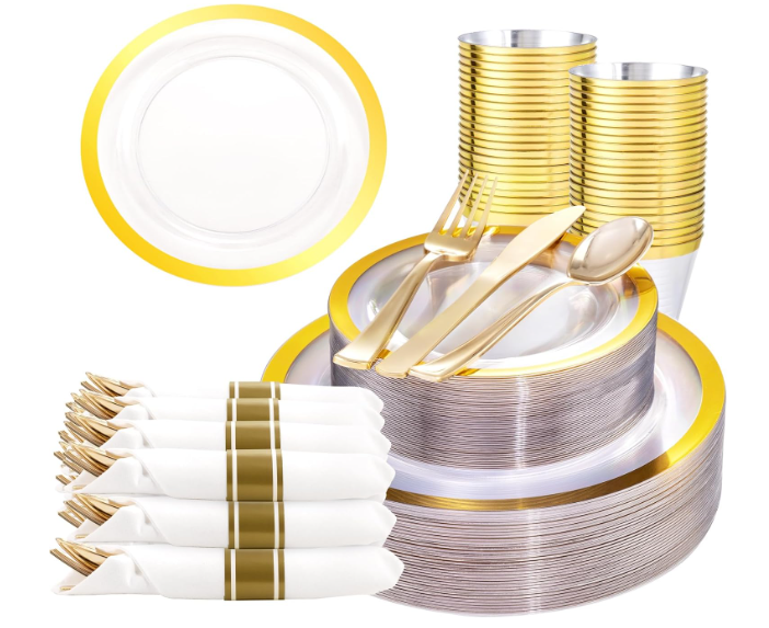 Liacere 350PCS Clear Gold Plastic Plates for 50 Guests Dinnerware Include 100 disposable Plates 150 Gold Silverware 50Napkins for Party & Wedding & New Year & Christmas