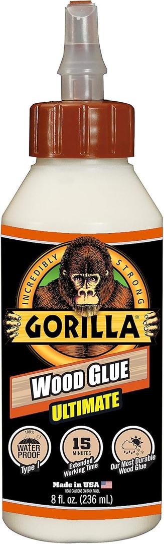 Gorilla Ultimate Waterproof Wood Glue, Natural Wood Color, 8 Ounce - Waterproof for Indoor or Outdoor Projects and Repairs