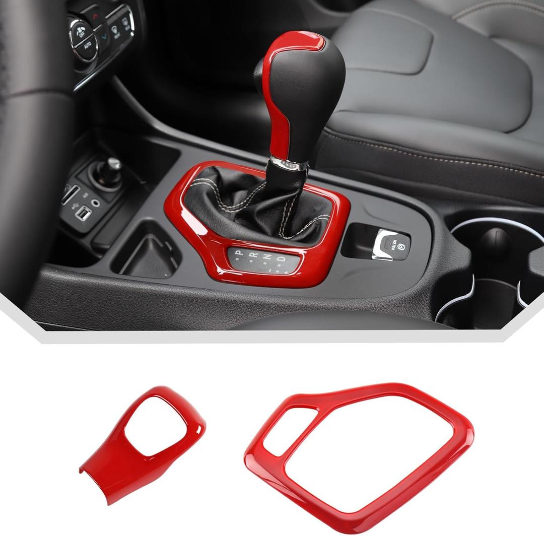 JeCar 2pcs Red Gear Shift Panel Shifter Knob Cover Trim Kit for 2014-2018 Jeep Cherokee Interior Accessories