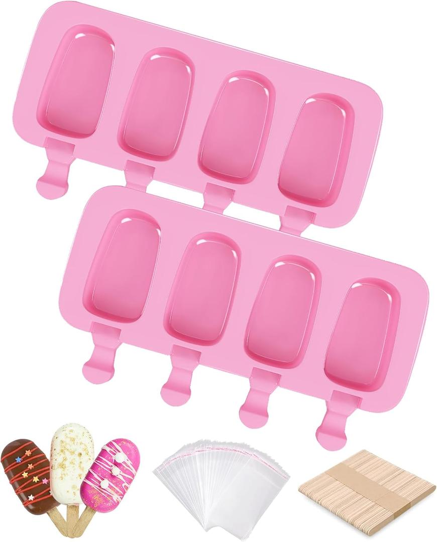 Ouddy Life Popsicle Molds Set of 2, Ice Pop Molds Silicone 4 Cavities Ice Cream Mold Oval Cake Pop Mold with 50 Wooden Sticks for DIY Popsicle, Pink