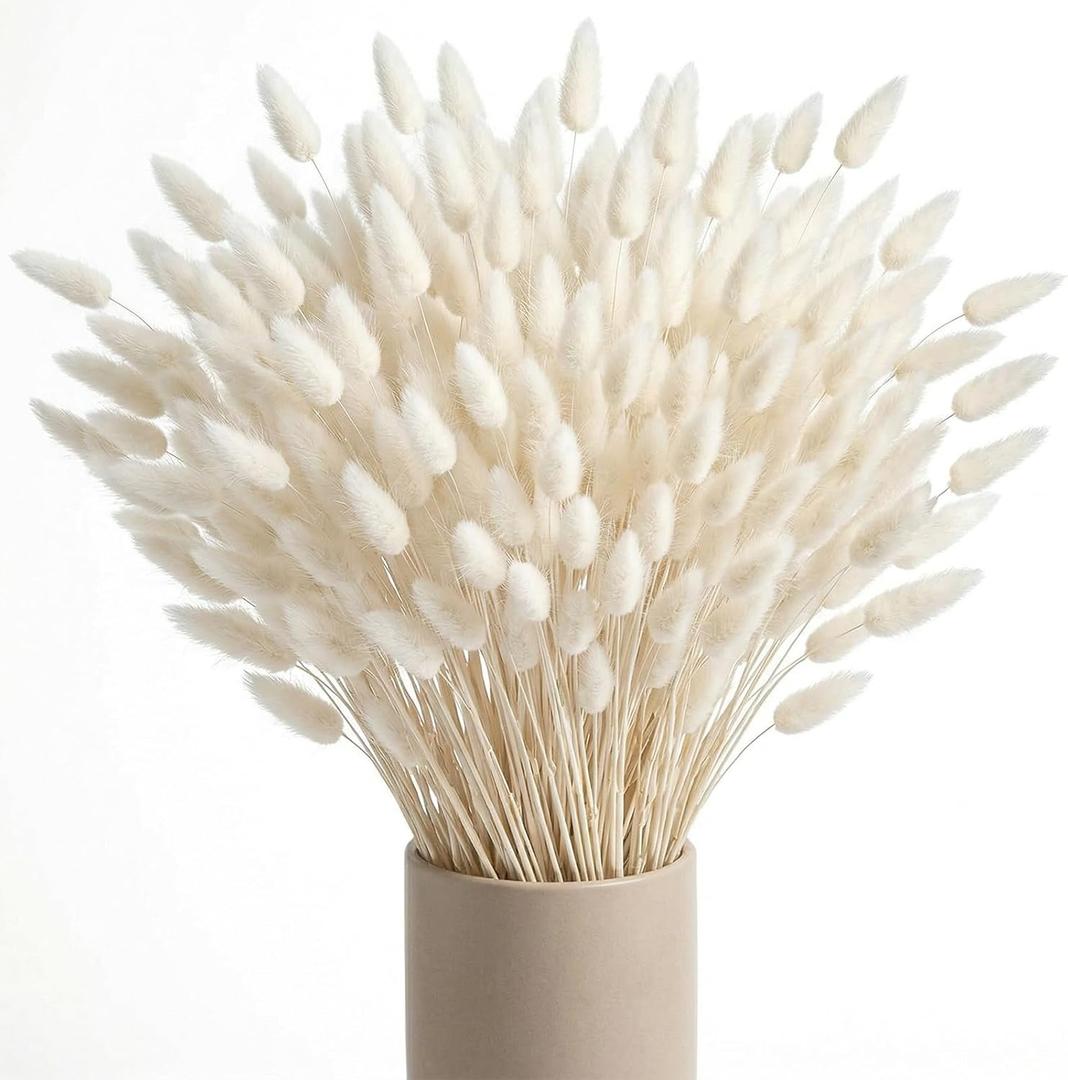 JOHOUSE 120PCS Dried Pampas Grass Decor, 17inch White Bunny Tails Dried Flowers, Bunny Tails Handpicked Bunch, Boho Flowers Home Table Decor, Wedding Decorations for Home