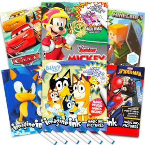 Bulk Imagine Ink Coloring Book Set for Boys - Bundle with 6 No Mess Coloring Books Featuring Sonic, Minecraft, Mickey Mouse, Spidey, Cars, and Bluey