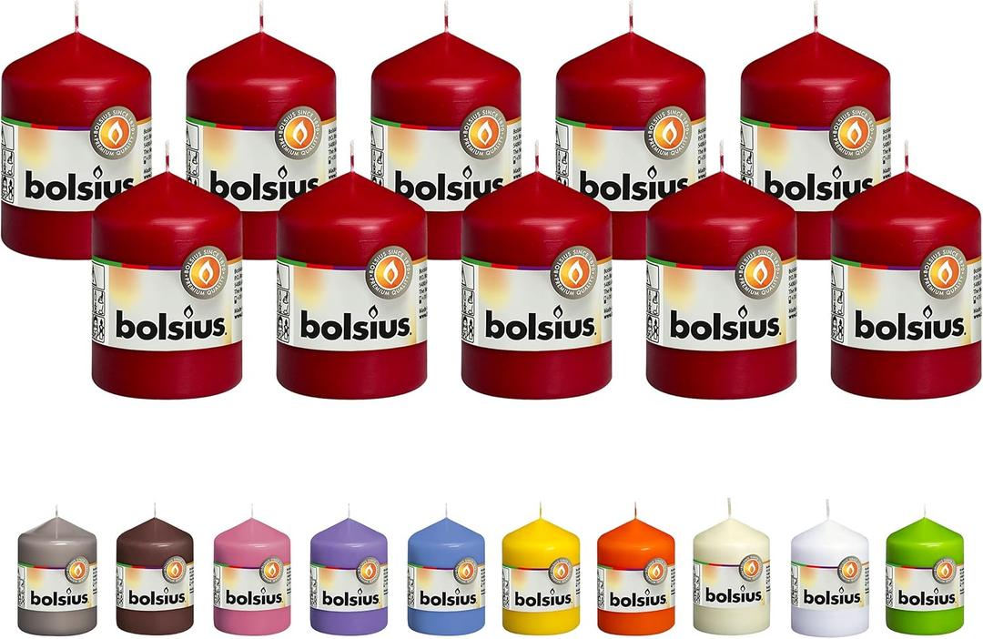 BOLSIUS 10 Dark Red Pillar Candles - 2.25 x 3.25 Inches - Premium European Quality - Individually Wrapped - 17 Burn Hours - Dripless Smokeless Unscented Dinner, Wedding, Party, & Home Decor Candles