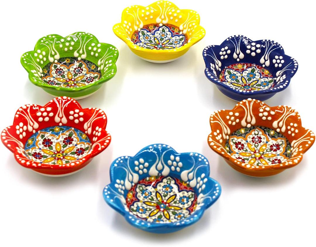 6 Pcs Daisy Shaped Hand Painted Decorative Serving Turkish Tiny Bowls - Handmade Ceramic Bowl - Set of 6 (3.7 inc/9.5cm) 2.5 Oz Pinch Multicolor Small Serving Bowls - Best Gift Set