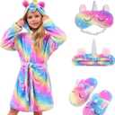 Soft Unicorn Hooded Robe with Matching Slippers Headband and Blindfold for Girls (5-6 Years, Blue/Pink Stars)