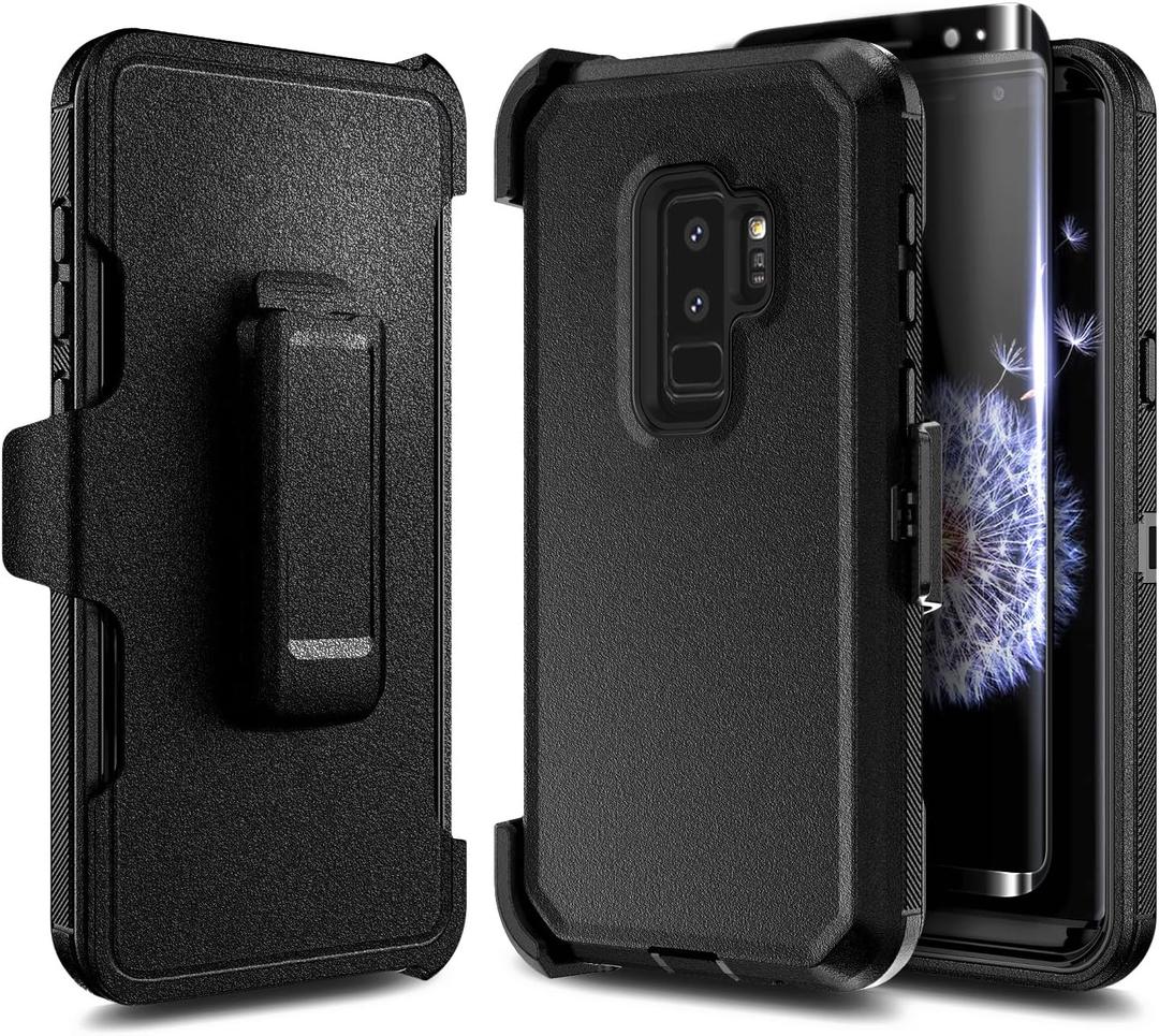 NZND Designed for Samsung Galaxy S9 Plus Belt Clip Holster Case with Screen Protector (Maximum Coverage, Flexible TPU Film), Full-Body Protective Heavy Duty Shockproof Armor Case (Black)
