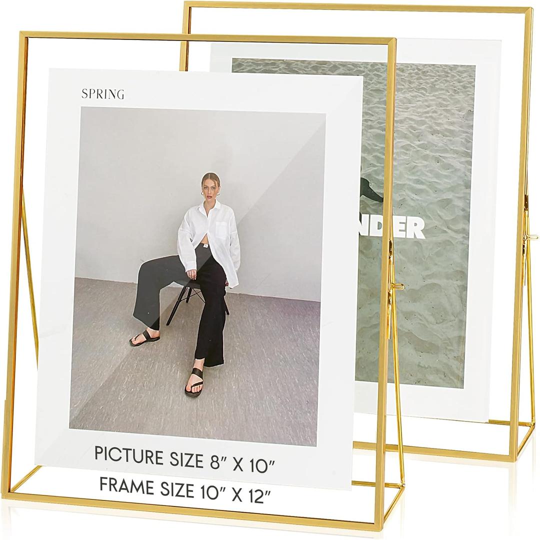 Gold Floating Picture Frame Set of 2, 10"x12" Glass Pressed Flower Picture Frames, Tabletop Standing Glass Floating Frame for 8x10 Photo Display